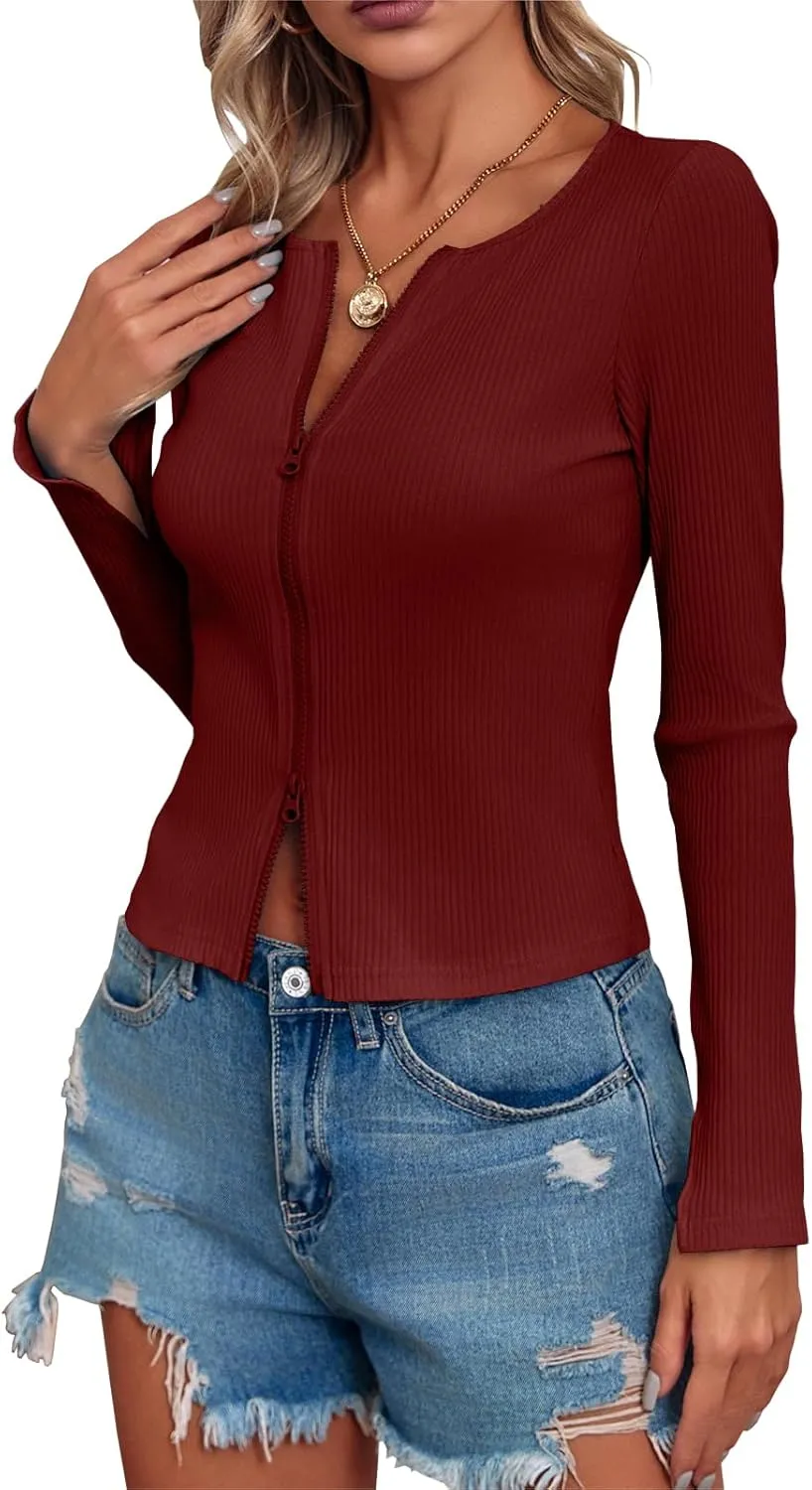 Fisoew Womens Long Sleeve Tops Ribbed Crop Top Double Zip Up Cardigans V Neck Sweater Shirts Fall and Winter 2024