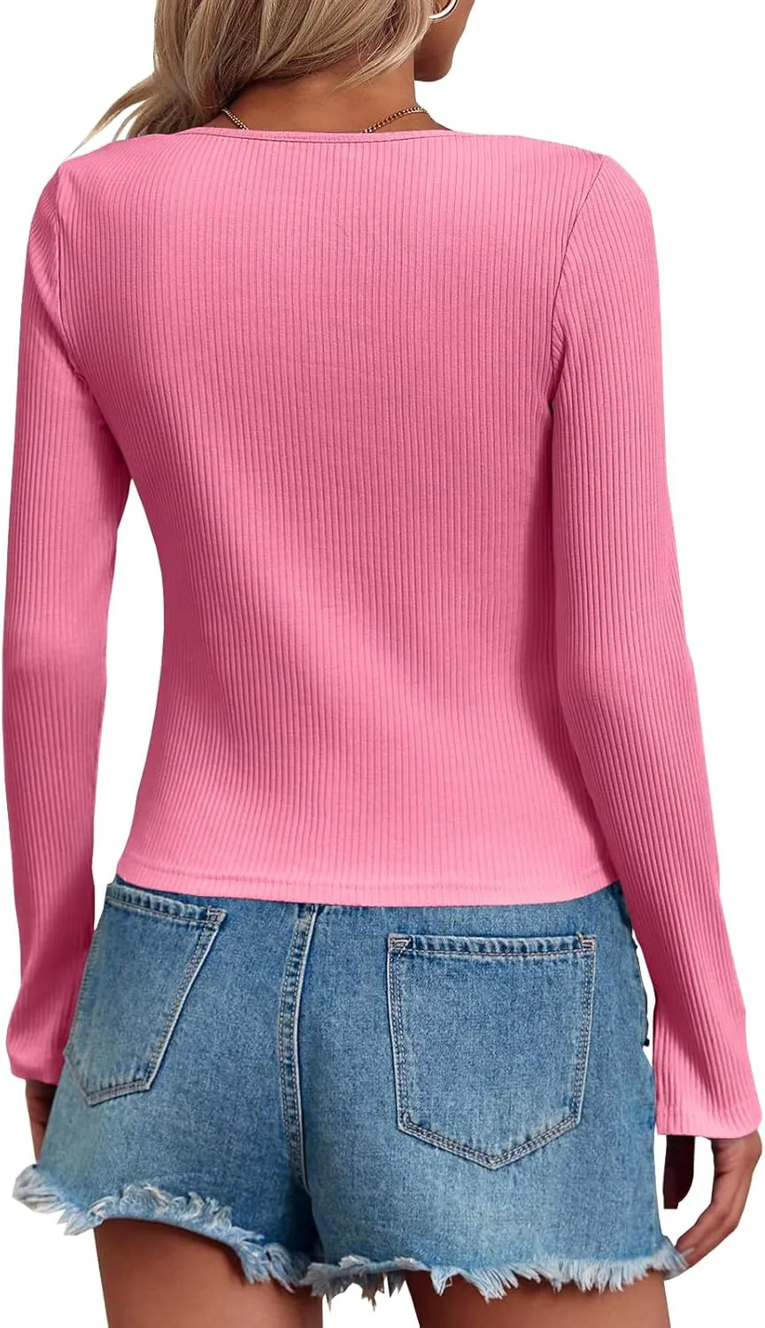 Fisoew Womens Long Sleeve Tops Ribbed Crop Top Double Zip Up Cardigans V Neck Sweater Shirts Fall and Winter 2024