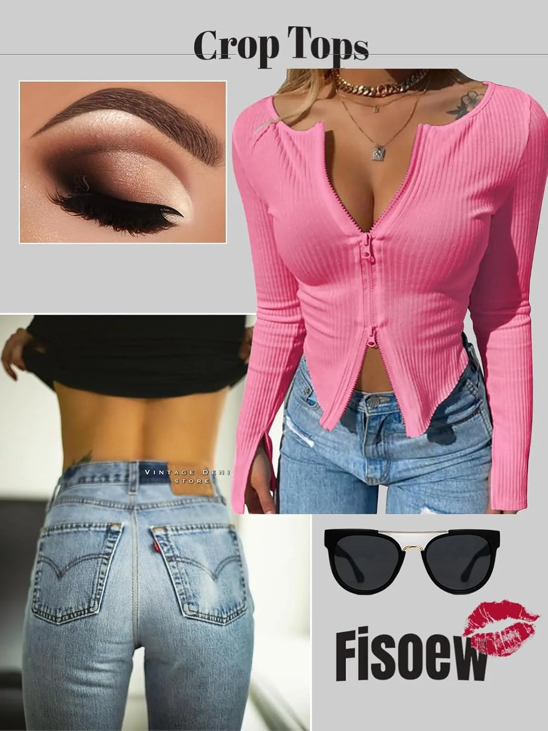Fisoew Womens Long Sleeve Tops Ribbed Crop Top Double Zip Up Cardigans V Neck Sweater Shirts Fall and Winter 2024