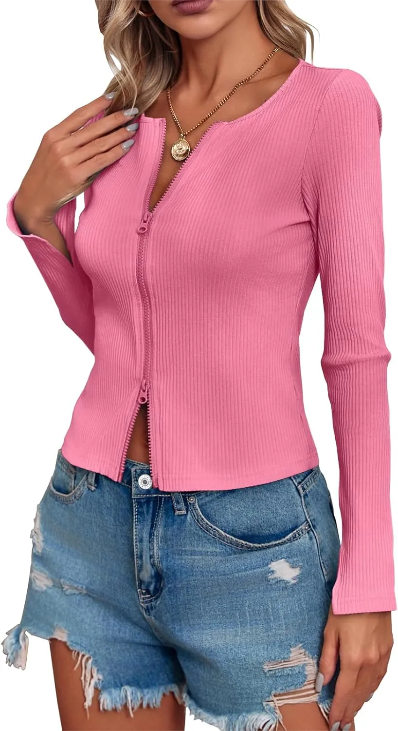 Fisoew Womens Long Sleeve Tops Ribbed Crop Top Double Zip Up Cardigans V Neck Sweater Shirts Fall and Winter 2024