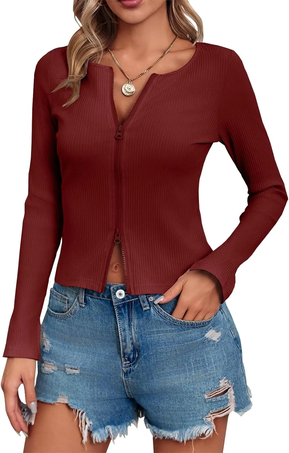 Fisoew Womens Long Sleeve Tops Ribbed Crop Top Double Zip Up Cardigans V Neck Sweater Shirts Fall and Winter 2024