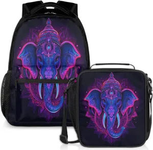 Floral Elephant Lunch Backpack Purple Blue Animal Laptop Backpacks Set with Insulated Cooler Lunch Box Leak Proof Lunch Bag for Women Men Work Camping Travel Daypack