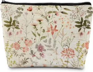 Floral Flower Makeup Bag Cosmetic Bag, Floral Flower Makeup Bags for Women, Floral Flower Small Makeup Bag Cosmetic Bag for Purse, White