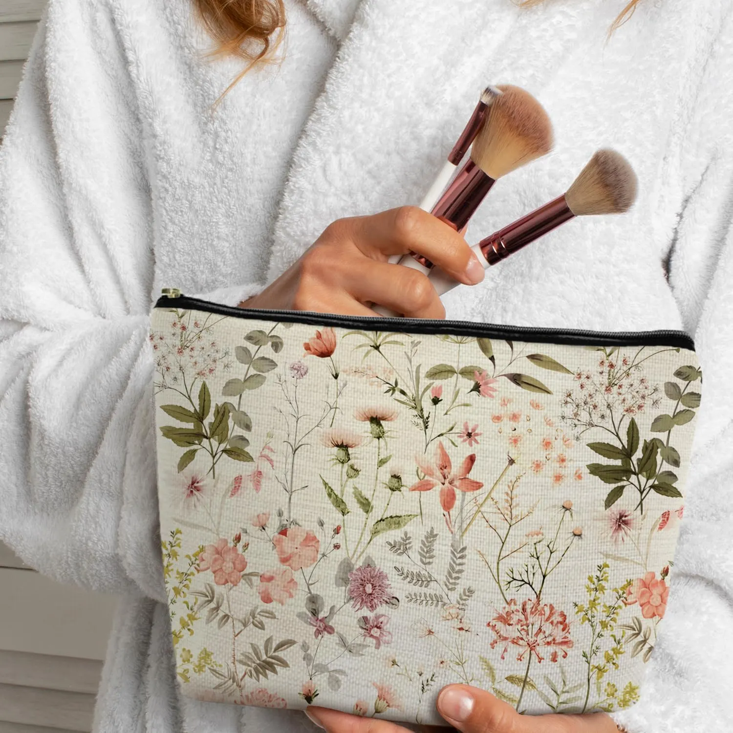 Floral Flower Makeup Bag Cosmetic Bag, Floral Flower Makeup Bags for Women, Floral Flower Small Makeup Bag Cosmetic Bag for Purse, White