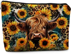 Floral Highland Cow Makeup Bag, Highland Cow Gifts, Cow Gifts for Cow Lovers, Cowgirl Gifts, Highland Cow Stuff, Cow Print Stuff, Farmhouse Western Cow Cosmetic Bags Toiletry Bag