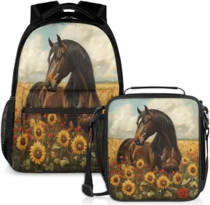 Floral Horse Lunch Backpack Flowers Sunflower Laptop Backpacks Set with Insulated Cooler Lunch Box Leak Proof Lunch Bag for Women Men Work Camping Travel Daypack