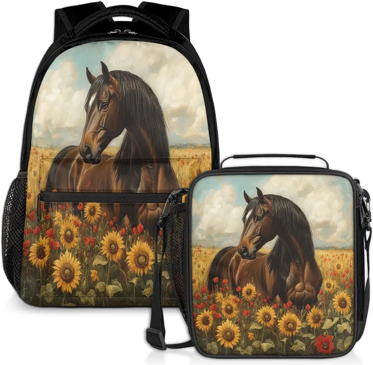 Floral Horse Lunch Backpack Flowers Sunflower Laptop Backpacks Set with Insulated Cooler Lunch Box Leak Proof Lunch Bag for Women Men Work Camping Travel Daypack