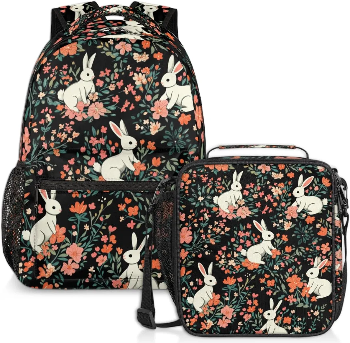 Floral Rabbit Lunch Backpack Red Flower Bunny Laptop Backpacks Set with Insulated Cooler Lunch Box Leak Proof Lunch Bag for Women Men Work Camping Travel Daypack