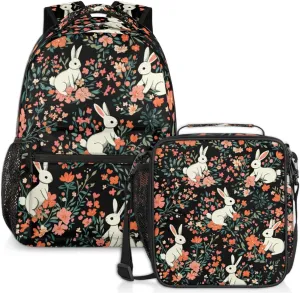 Floral Rabbit Lunch Backpack Red Flower Bunny Laptop Backpacks Set with Insulated Cooler Lunch Box Leak Proof Lunch Bag for Women Men Work Camping Travel Daypack