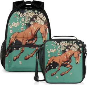 Flower Horse Lunch Backpack Cherry Blossom Laptop Backpacks Set with Insulated Cooler Lunch Box Leak Proof Lunch Bag for Women Men Work Camping Travel Daypack