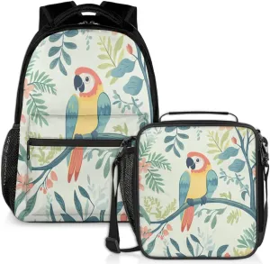 Flower Parrot Lunch Backpack Colorful Fern Leaves Laptop Backpacks Set with Insulated Cooler Lunch Box Leak Proof Lunch Bag for Women Men Work Camping Travel Daypack