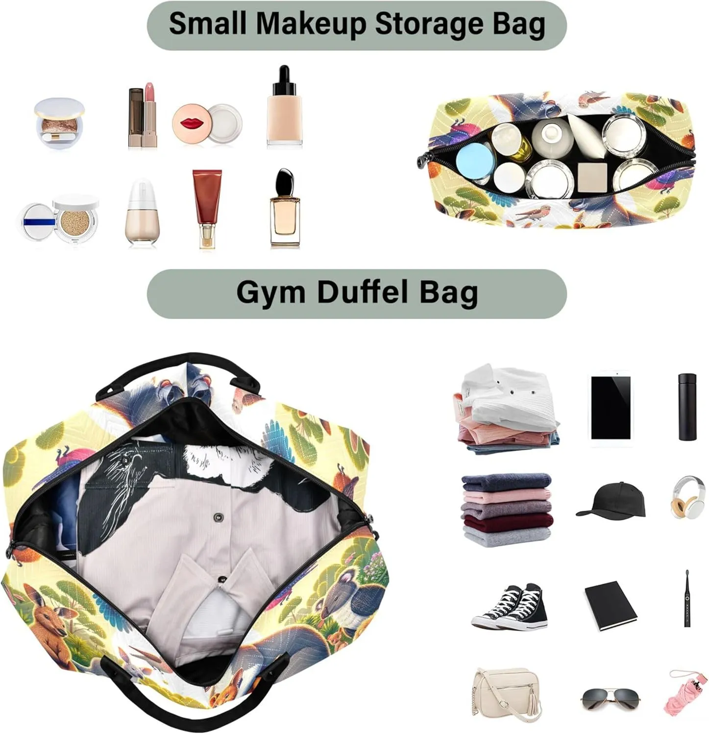 Forest Animals Party Travel Bag Duffel Cosmetic Bag Set of 2, Prints Garment Duffel Bag Carry on Duffle