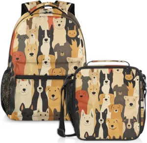Funny Dogs Lunch Backpack Colorful Animals Laptop Backpacks Set with Insulated Cooler Lunch Box Leak Proof Lunch Bag for Women Men Work Camping Travel Daypack