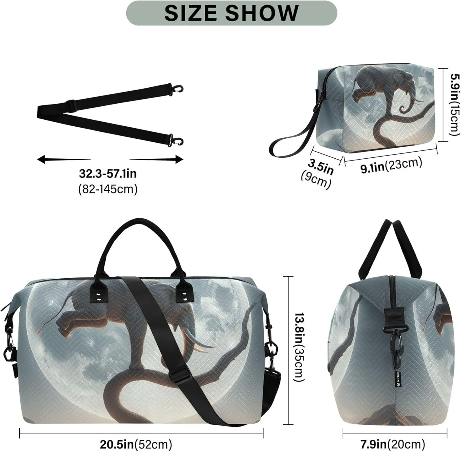 Funny Elephant Cute Duffle Bag for Travel Make up Bags Set of 2, Art Womens Luggage Bags Traveling Bags
