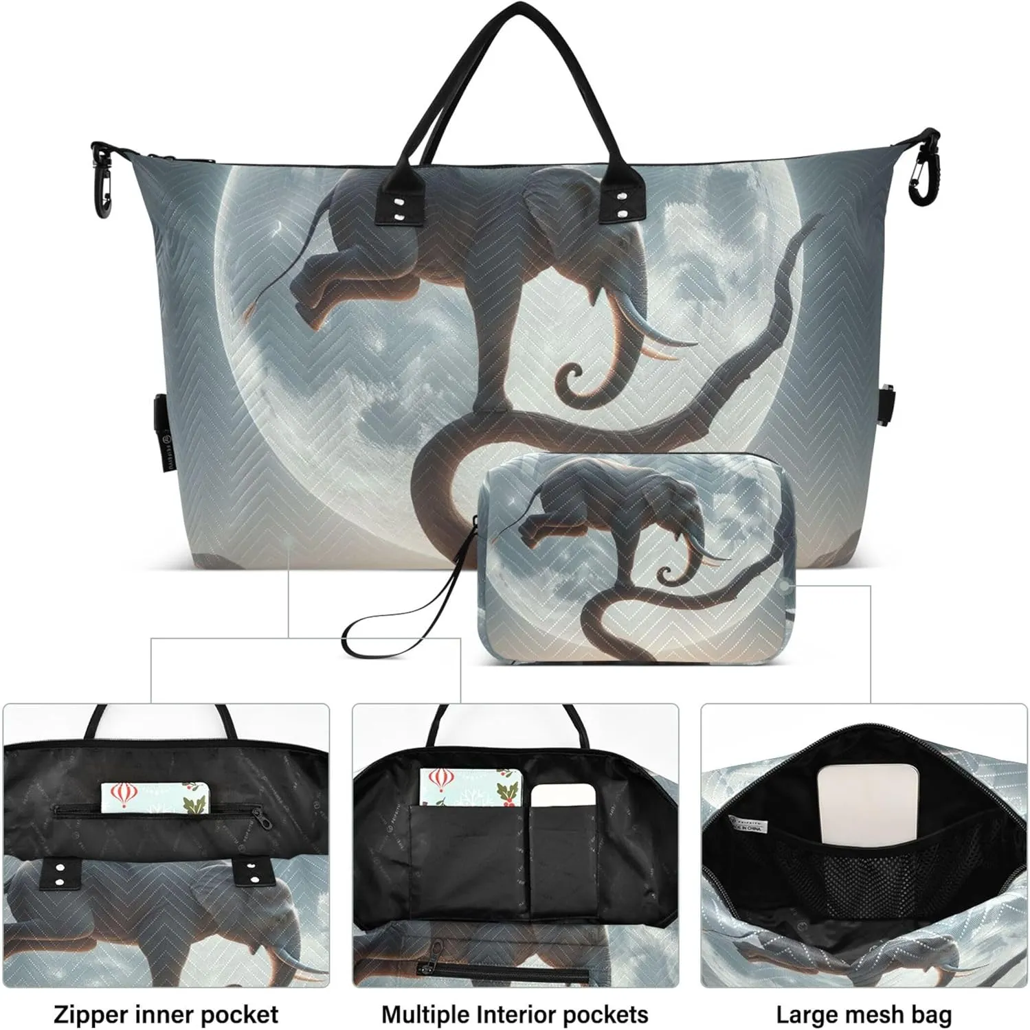 Funny Elephant Cute Duffle Bag for Travel Make up Bags Set of 2, Art Womens Luggage Bags Traveling Bags