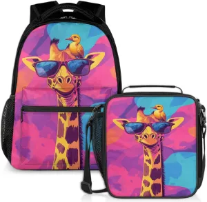 Funny Giraffe Lunch Backpack Colorful Camouflage Laptop Backpacks Set with Insulated Cooler Lunch Box Leak Proof Lunch Bag for Women Men Work Camping Travel Daypack