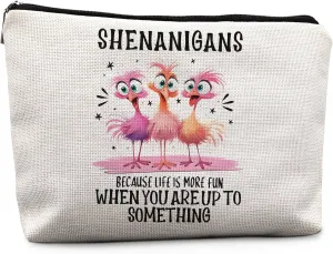 Funny Pink Flamingo Makeup Bag, Flamingo Gifts for Women, Pink Flamingo Gifts, Shenanigans Because Life is More Fun When You Up to Something Cosmetic Bags Toiletry Bag