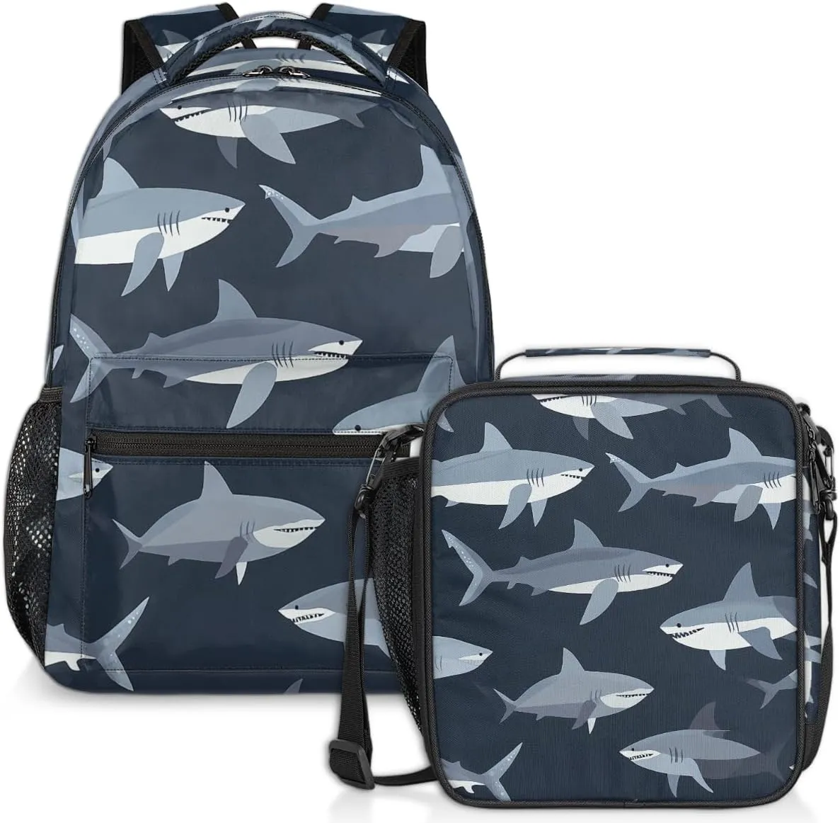 Funny Shark Lunch Backpack Sea Ocean Fish Laptop Backpacks Set with Insulated Cooler Lunch Box Leak Proof Lunch Bag for Women Men Work Camping Travel Daypack