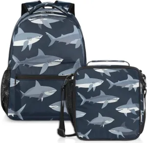 Funny Shark Lunch Backpack Sea Ocean Fish Laptop Backpacks Set with Insulated Cooler Lunch Box Leak Proof Lunch Bag for Women Men Work Camping Travel Daypack