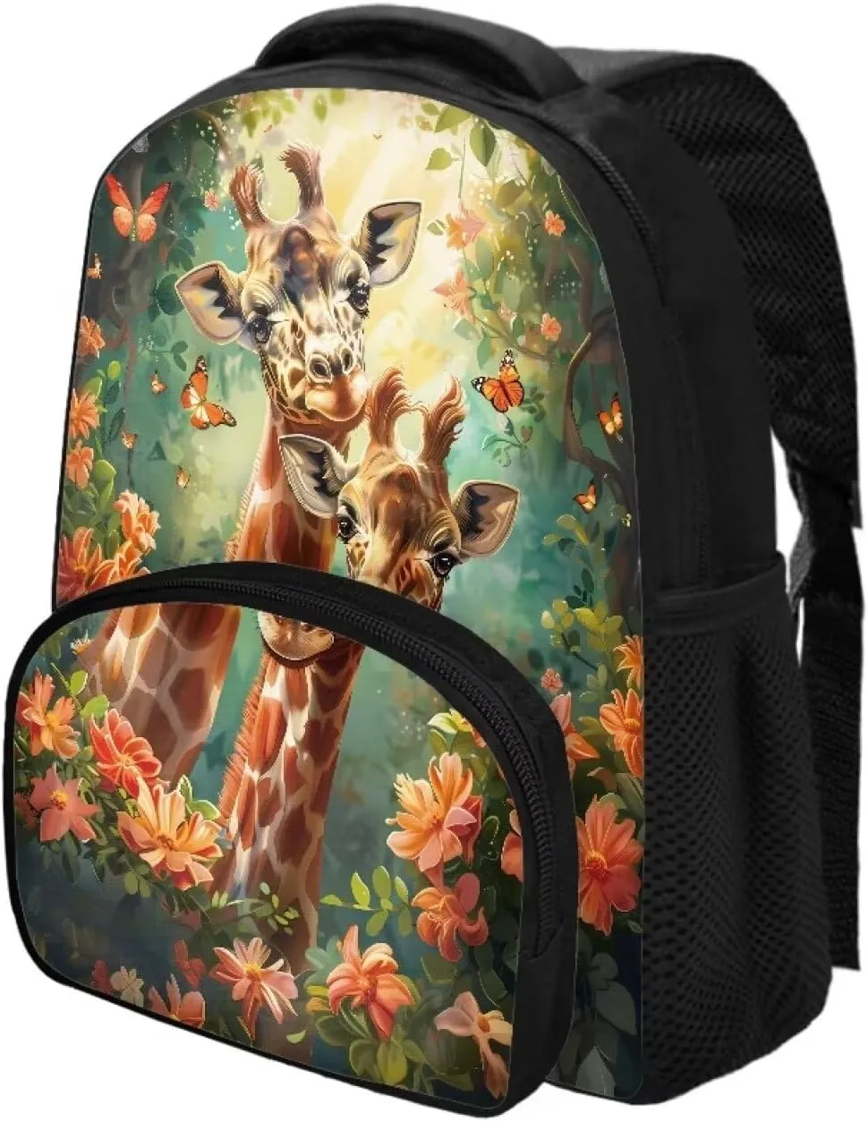 Giraffe Couple Backpack for Girls Forest Flowers Bookbag with Sturdy Shoulder Straps Trendy School Bag for Daily Use Campus Travel Portable 12 Inch School Backpack Nice Gifts