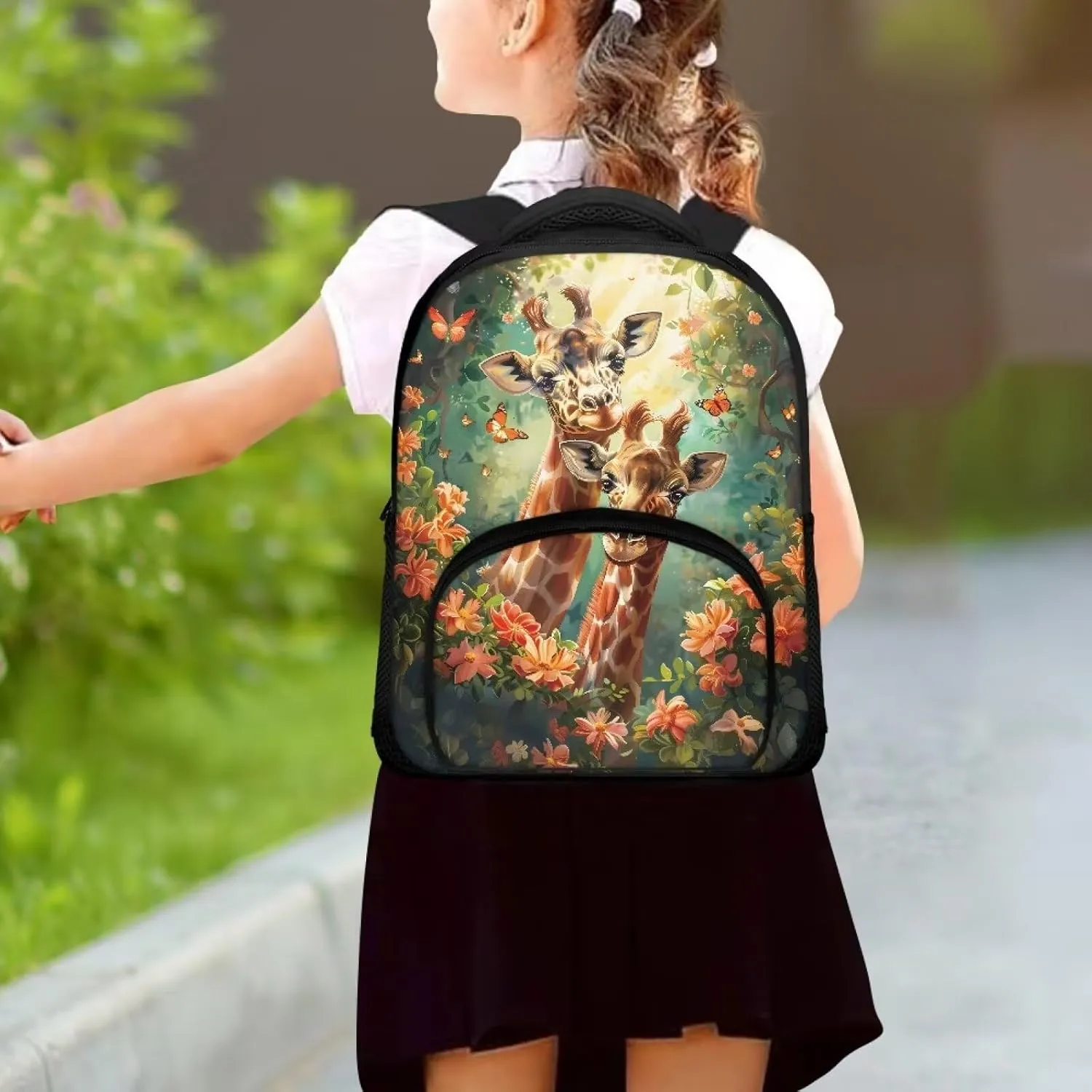 Giraffe Couple Backpack for Girls Forest Flowers Bookbag with Sturdy Shoulder Straps Trendy School Bag for Daily Use Campus Travel Portable 12 Inch School Backpack Nice Gifts