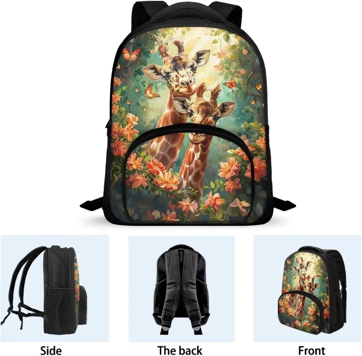 Giraffe Couple Backpack for Girls Forest Flowers Bookbag with Sturdy Shoulder Straps Trendy School Bag for Daily Use Campus Travel Portable 12 Inch School Backpack Nice Gifts