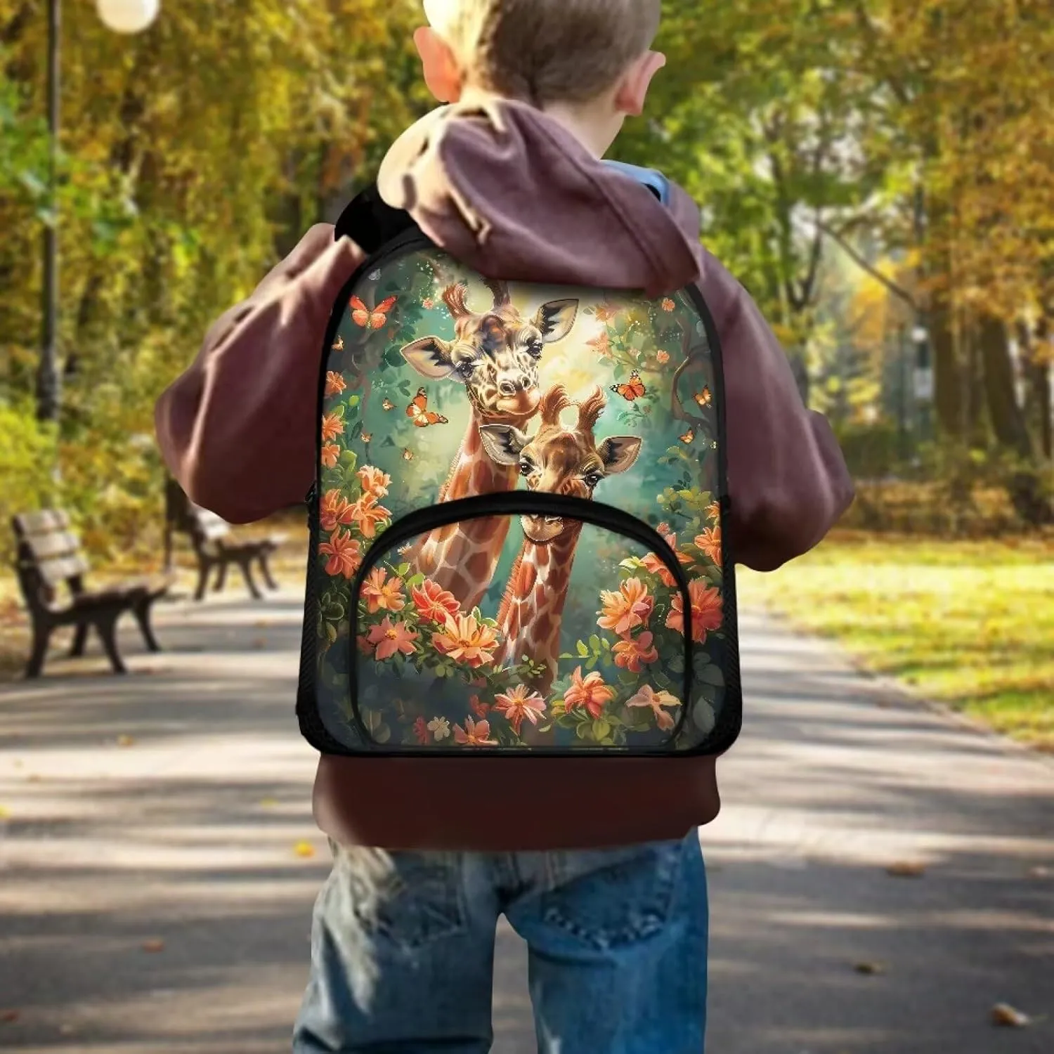 Giraffe Couple Backpack for Girls Forest Flowers Bookbag with Sturdy Shoulder Straps Trendy School Bag for Daily Use Campus Travel Portable 12 Inch School Backpack Nice Gifts
