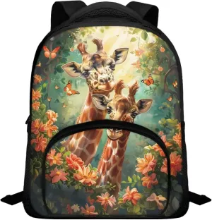 Giraffe Couple Backpack for Girls Forest Flowers Bookbag with Sturdy Shoulder Straps Trendy School Bag for Daily Use Campus Travel Portable 12 Inch School Backpack Nice Gifts