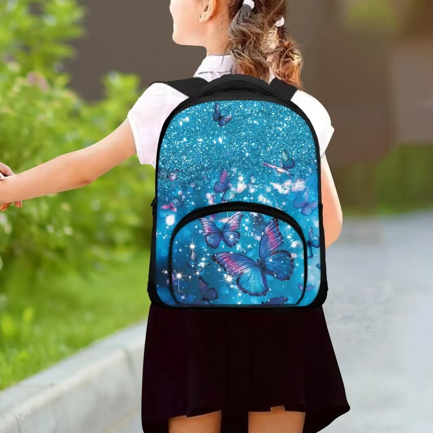 Girls Backpack with Front Pocket Blue Butterfly Starry Sky Backpack for Teen Girls 12 Inch Fun Backpack with Zip Pocket Fashion School Bag for Kindergarten Elementary School Students