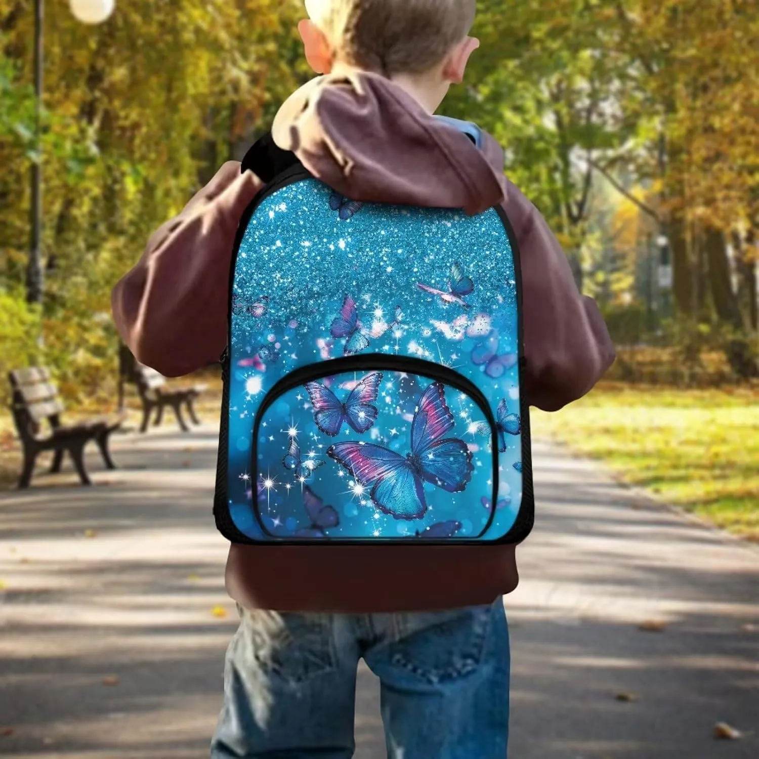 Girls Backpack with Front Pocket Blue Butterfly Starry Sky Backpack for Teen Girls 12 Inch Fun Backpack with Zip Pocket Fashion School Bag for Kindergarten Elementary School Students