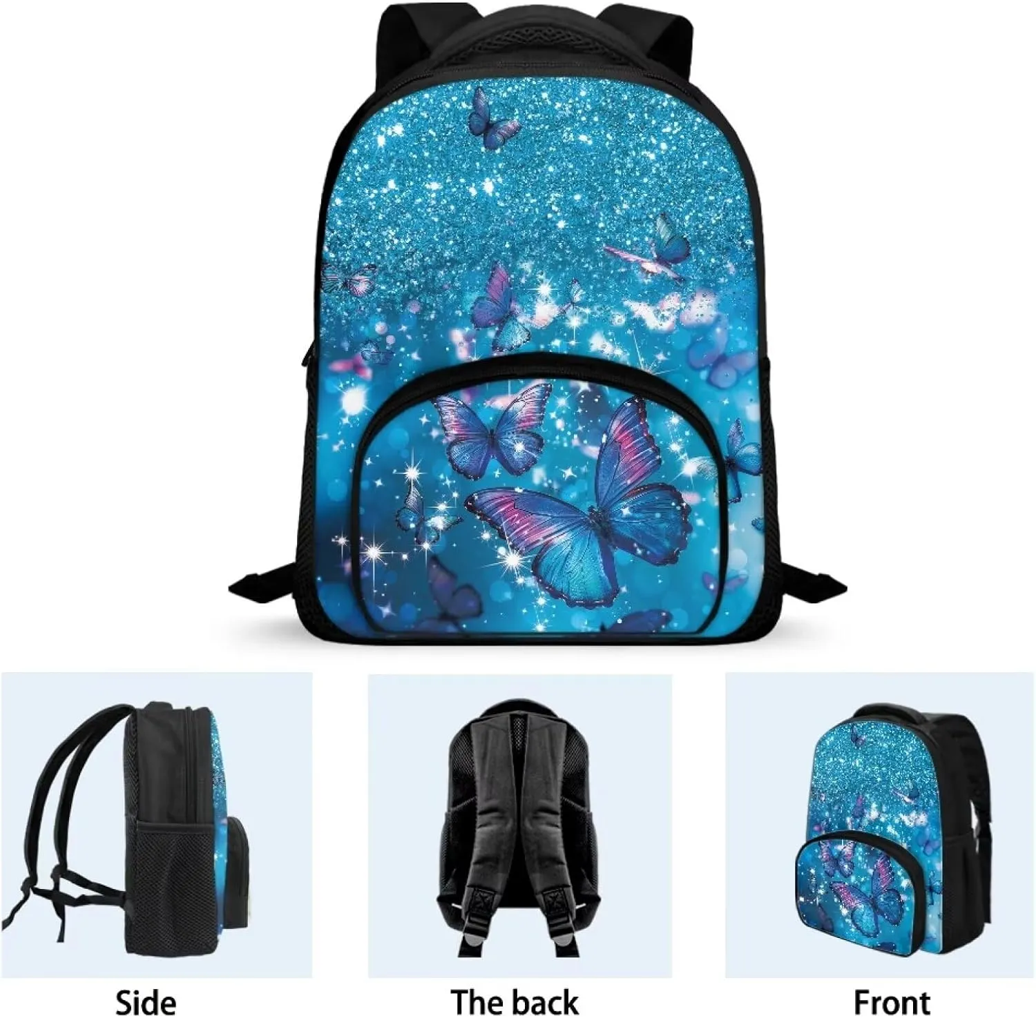 Girls Backpack with Front Pocket Blue Butterfly Starry Sky Backpack for Teen Girls 12 Inch Fun Backpack with Zip Pocket Fashion School Bag for Kindergarten Elementary School Students