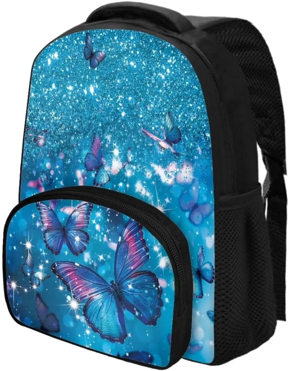 Girls Backpack with Front Pocket Blue Butterfly Starry Sky Backpack for Teen Girls 12 Inch Fun Backpack with Zip Pocket Fashion School Bag for Kindergarten Elementary School Students