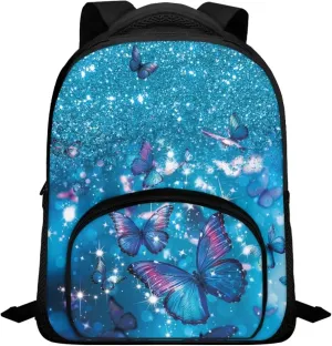 Girls Backpack with Front Pocket Blue Butterfly Starry Sky Backpack for Teen Girls 12 Inch Fun Backpack with Zip Pocket Fashion School Bag for Kindergarten Elementary School Students