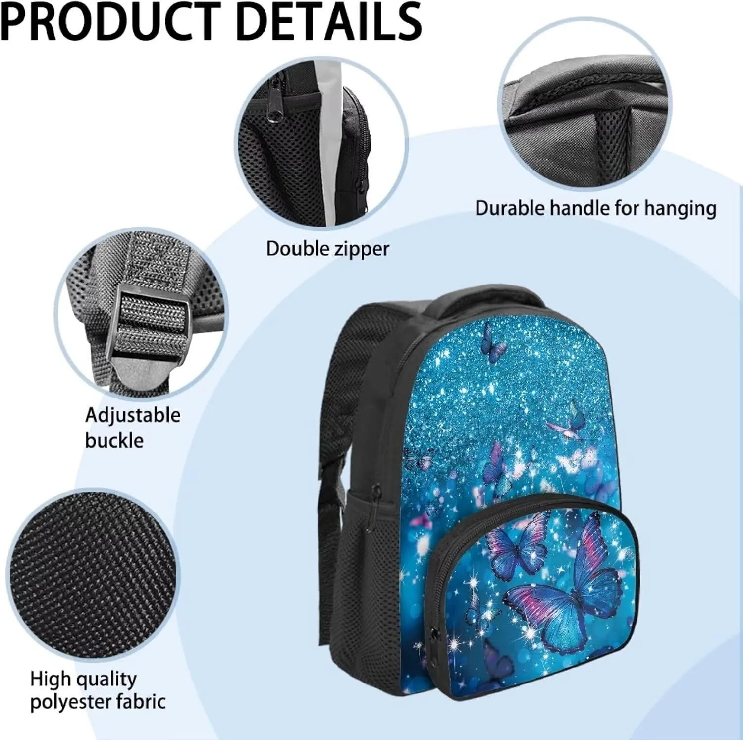 Girls Backpack with Front Pocket Blue Butterfly Starry Sky Backpack for Teen Girls 12 Inch Fun Backpack with Zip Pocket Fashion School Bag for Kindergarten Elementary School Students