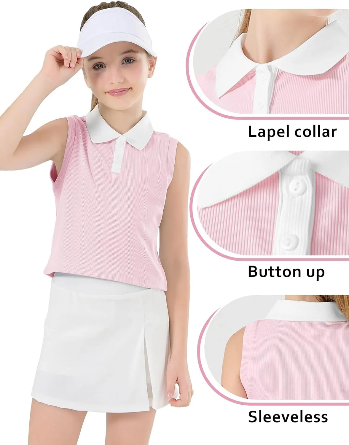 Girls Crop Tops Sleeveless Polo Shirts Athletic Tank Tops Golf Tennis T-Shirts with Collared Quick Dry Casual