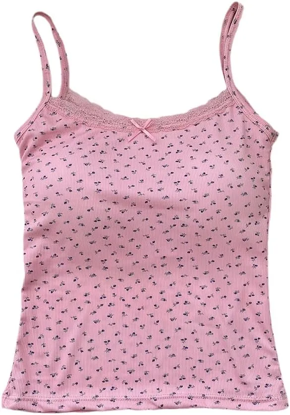 Girls Floral Print Camisole Crop Top Sleeveless Built-in Bra Teen Bralette Slim Fit Cami Tops for Women Girls