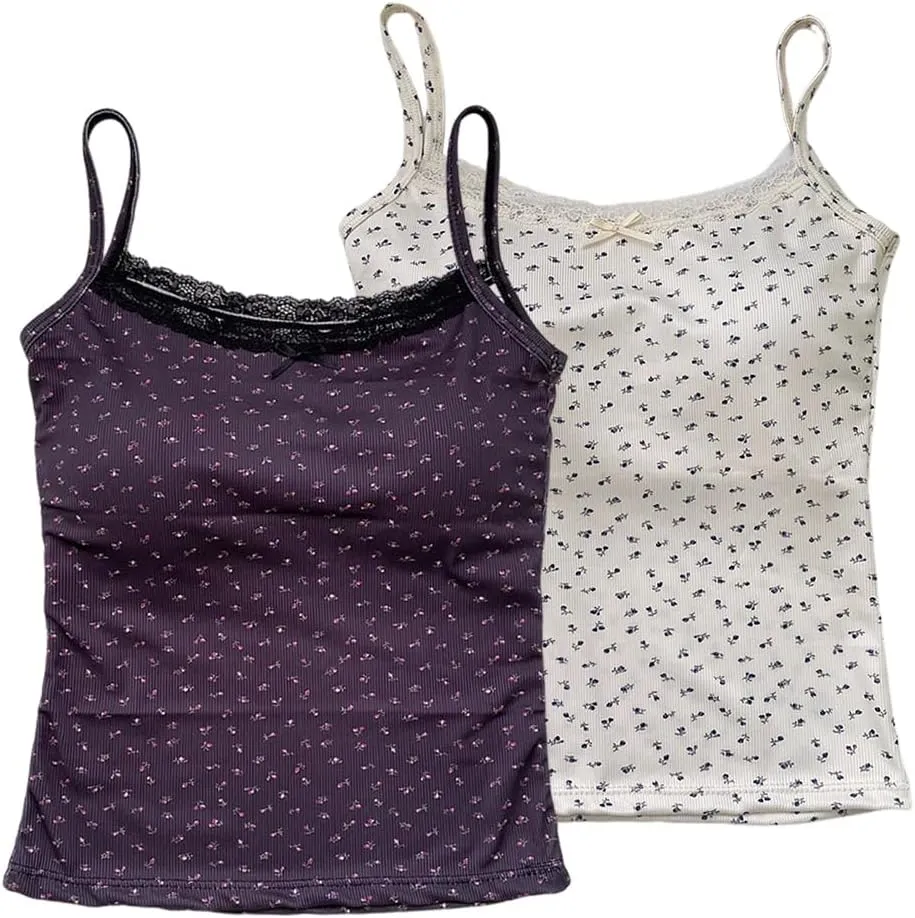 Girls Floral Print Camisole Crop Top Sleeveless Built-in Bra Teen Bralette Slim Fit Cami Tops for Women Girls