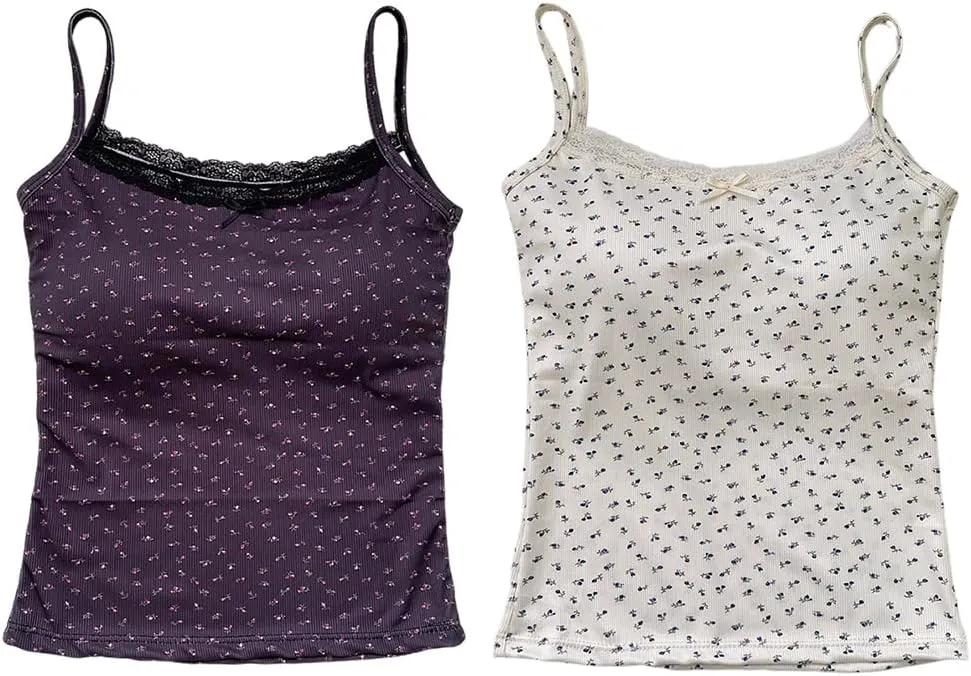 Girls Floral Print Camisole Crop Top Sleeveless Built-in Bra Teen Bralette Slim Fit Cami Tops for Women Girls