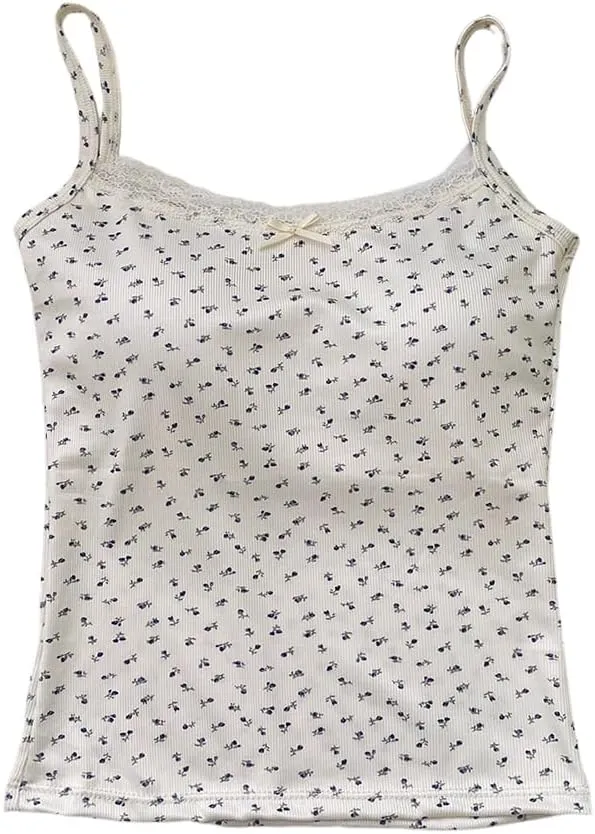 Girls Floral Print Camisole Crop Top Sleeveless Built-in Bra Teen Bralette Slim Fit Cami Tops for Women Girls