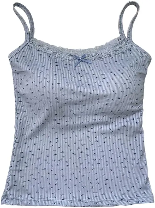 Girls Floral Print Camisole Crop Top Sleeveless Built-in Bra Teen Bralette Slim Fit Cami Tops for Women Girls