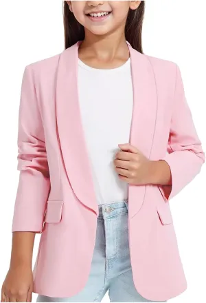 Girls Solid Blazer Jacket Long Sleeve Shawl Collar Open Front Inner Pocket Formal Blazers for Kids Size 3-14 Year
