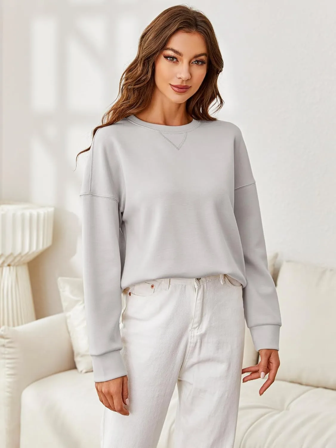Glamaker Women's Crewneck Cropped Sweatshirt Pullover Stripe Air Essentials Basic Long Sleeve Shirts Casual Loose Fit Outfits