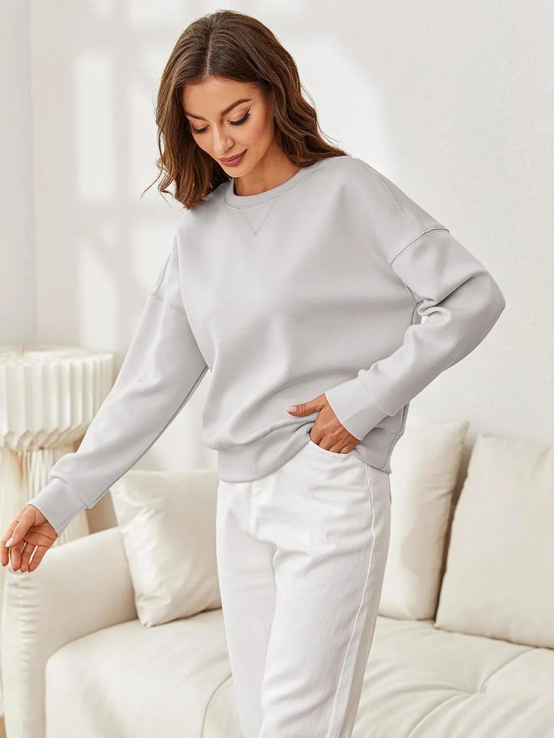 Glamaker Women's Crewneck Cropped Sweatshirt Pullover Stripe Air Essentials Basic Long Sleeve Shirts Casual Loose Fit Outfits