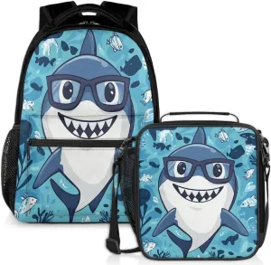 Glasses Shark Lunch Backpack Ocean Fish Laptop Backpacks Set with Insulated Cooler Lunch Box Leak Proof Lunch Bag for Women Men Work Camping Travel Daypack