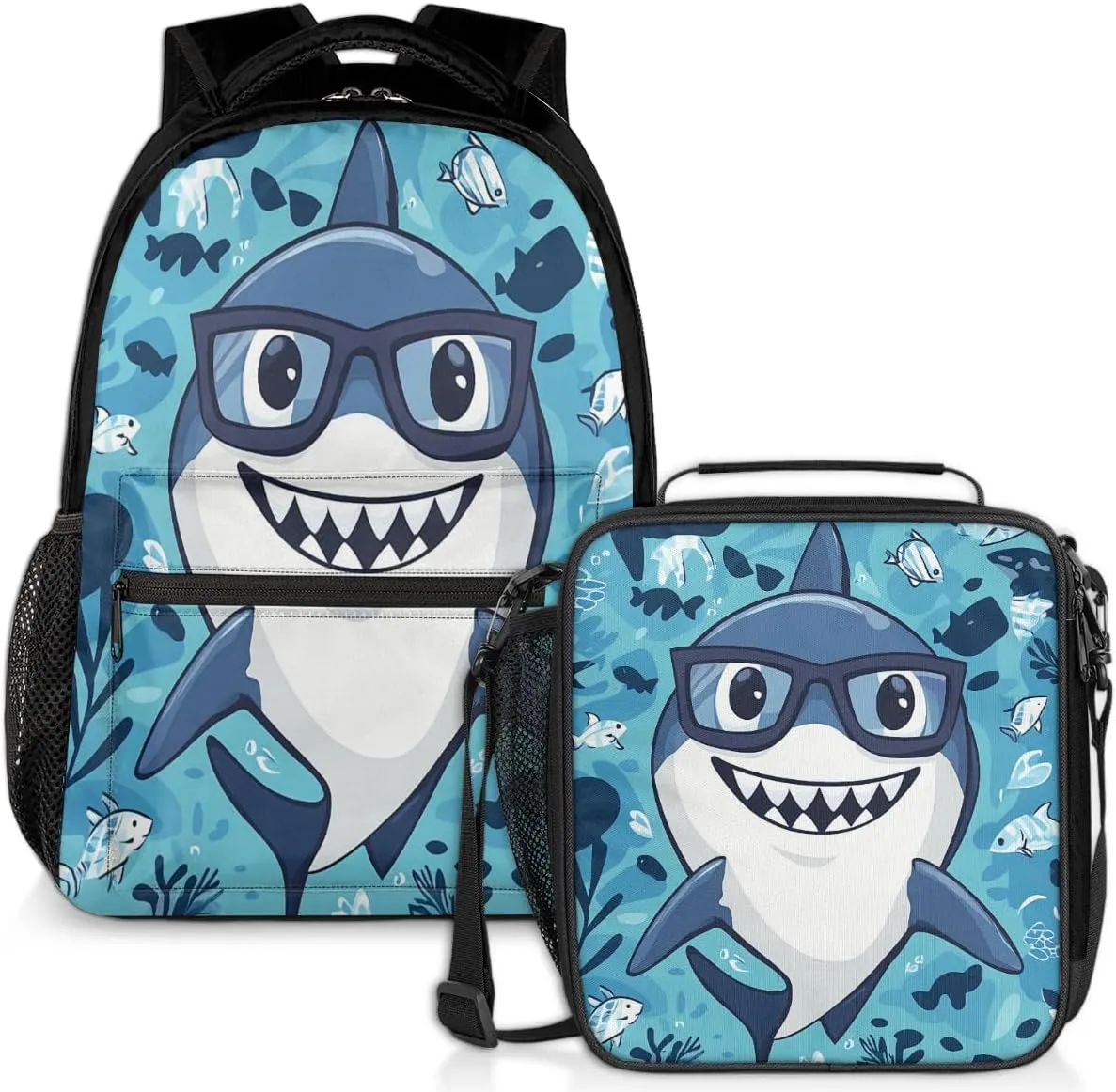 Glasses Shark Lunch Backpack Ocean Fish Laptop Backpacks Set with Insulated Cooler Lunch Box Leak Proof Lunch Bag for Women Men Work Camping Travel Daypack