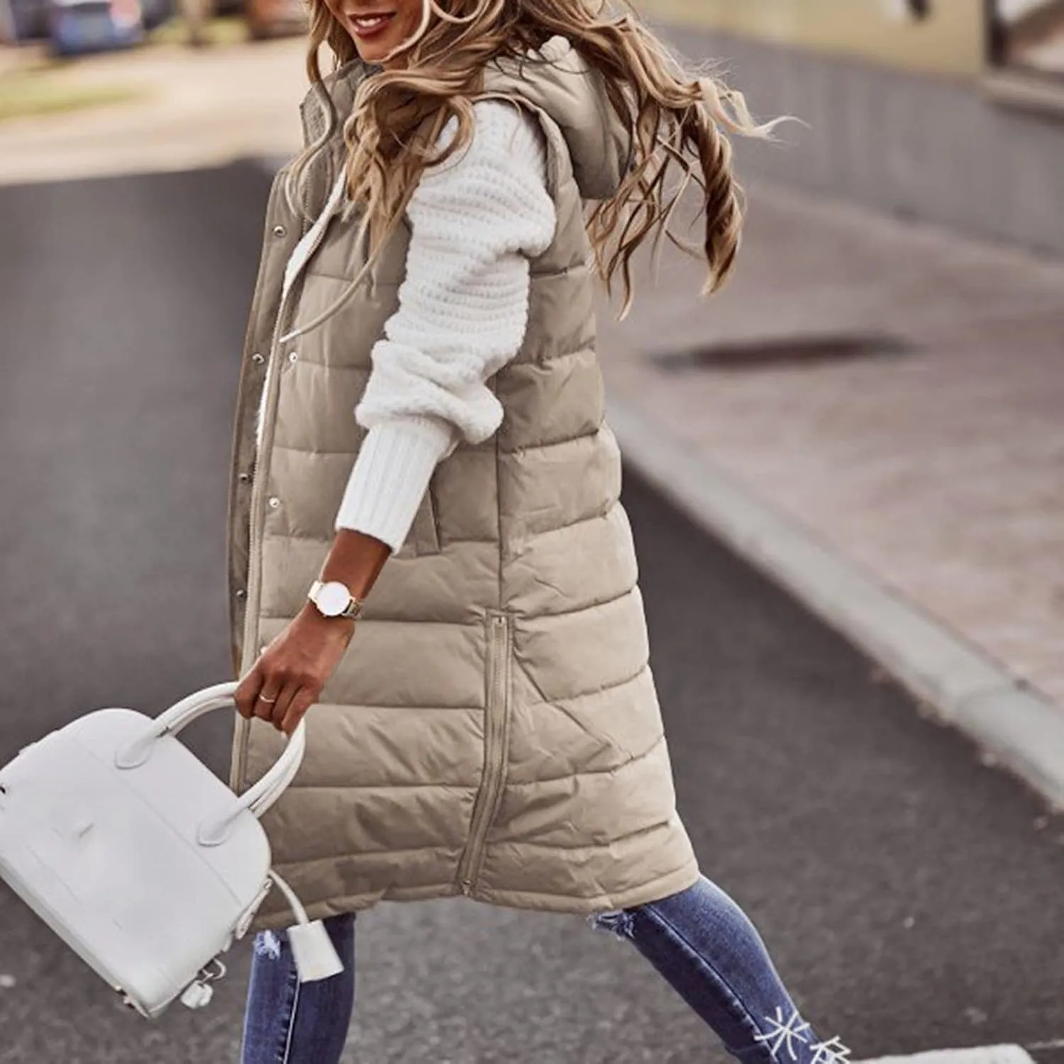 GOKKILRW Womens Winter Long Puffer Vests Outdoor Sleeveless Quilted Down Coats with Hood Warm Zip Up Cotton Padded Jackets