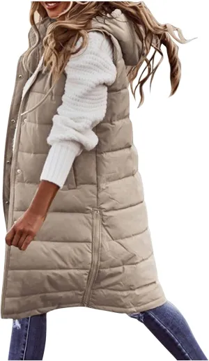 GOKKILRW Womens Winter Long Puffer Vests Outdoor Sleeveless Quilted Down Coats with Hood Warm Zip Up Cotton Padded Jackets