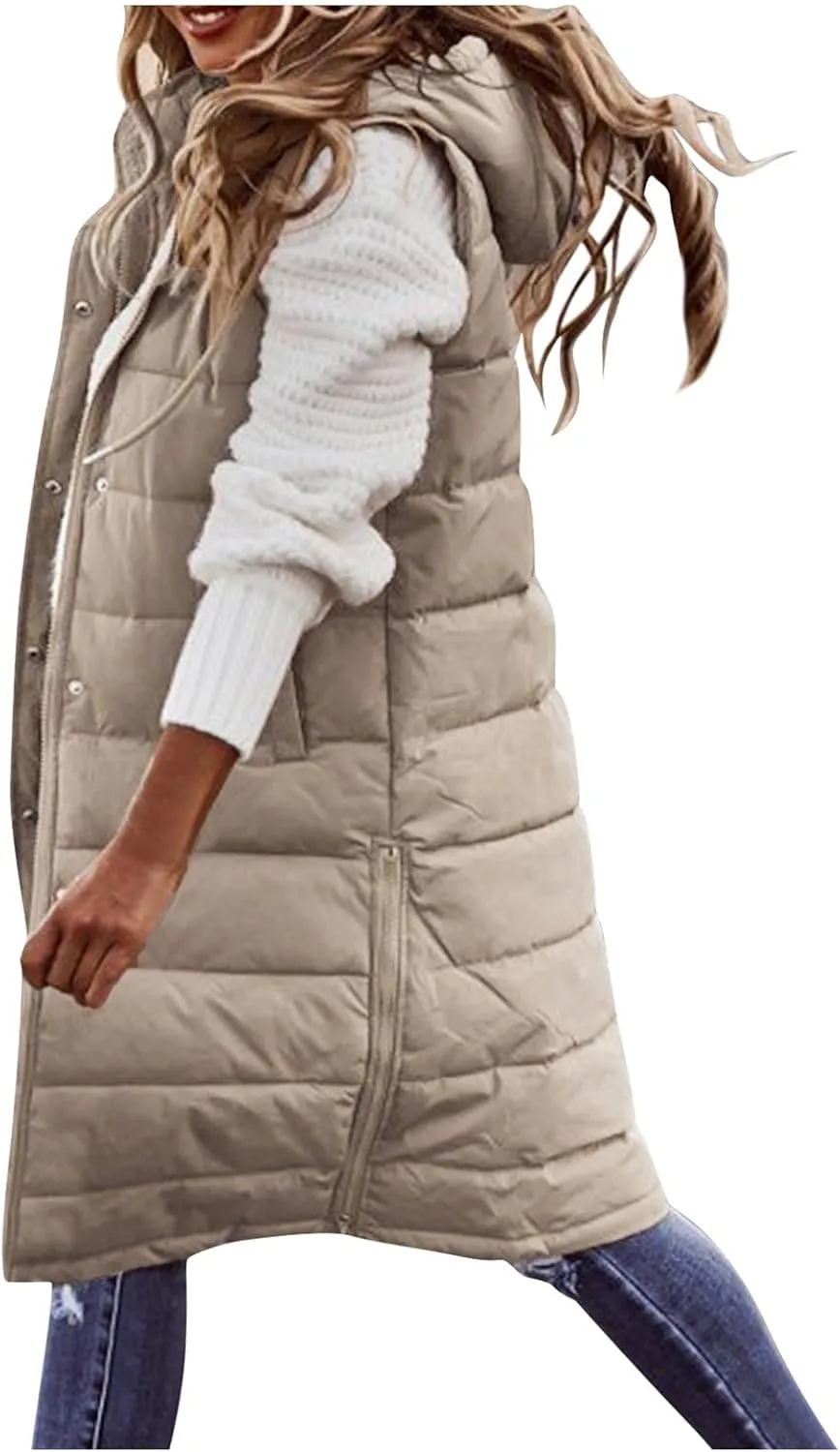 GOKKILRW Womens Winter Long Puffer Vests Outdoor Sleeveless Quilted Down Coats with Hood Warm Zip Up Cotton Padded Jackets