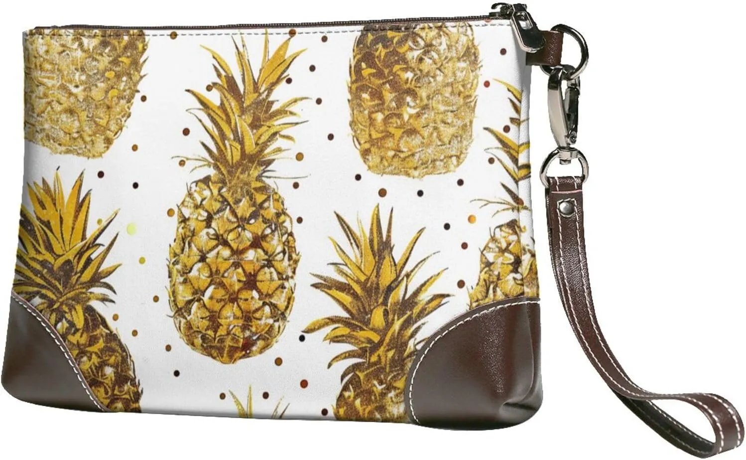 Gold Glitter Pineapples Fruit Printed Wristlet Clutch Leather Cell Phone Wallet Multi Card Organizer Wallet Purse, Black, One Size