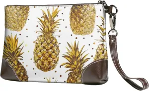 Gold Glitter Pineapples Fruit Printed Wristlet Clutch Leather Cell Phone Wallet Multi Card Organizer Wallet Purse, Black, One Size